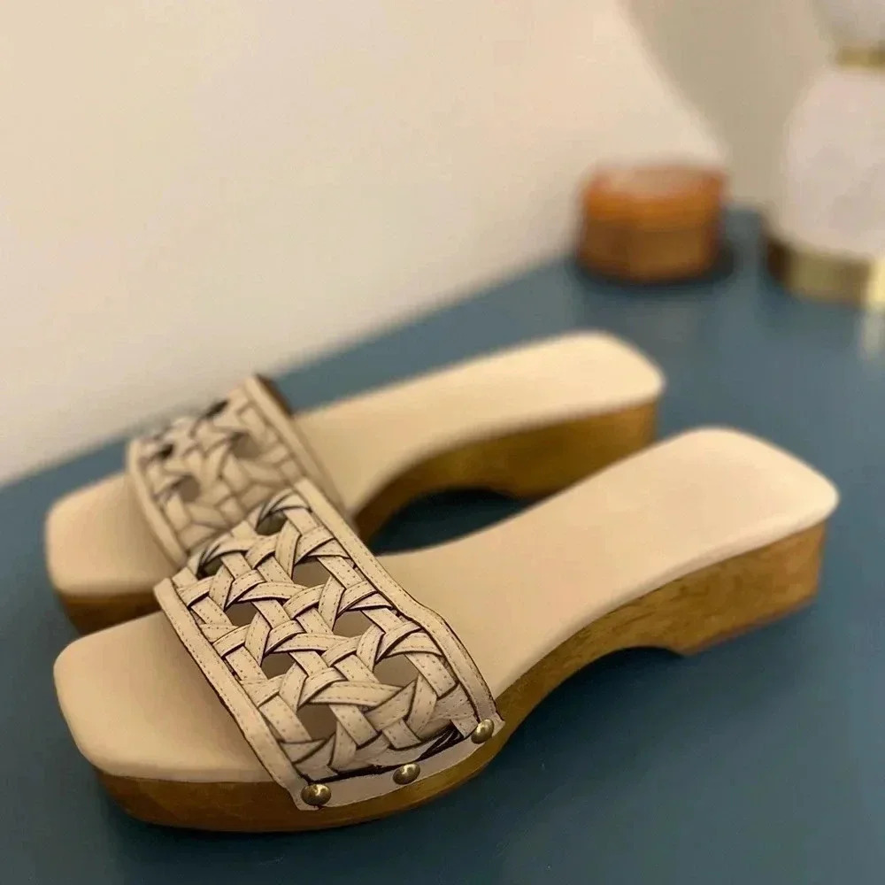 Tory Burch Basket-Weave Clog wood Platform Slide Sandals Cream Calf Leather 7